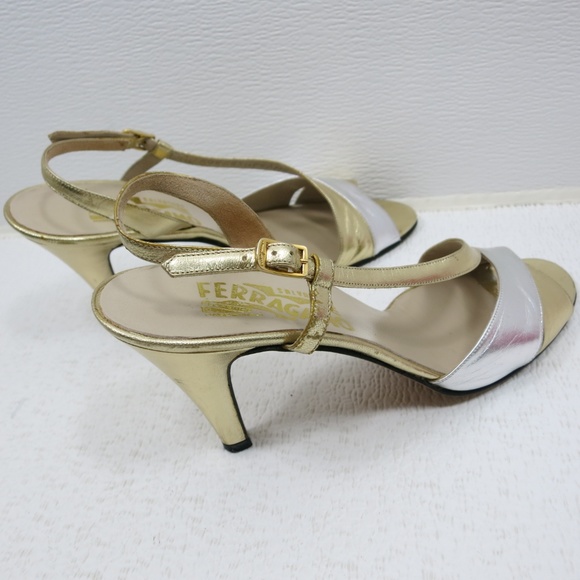 Salvatore Ferragamo Gold Silver Leather Heels 7.5 - Picture 4 of 6